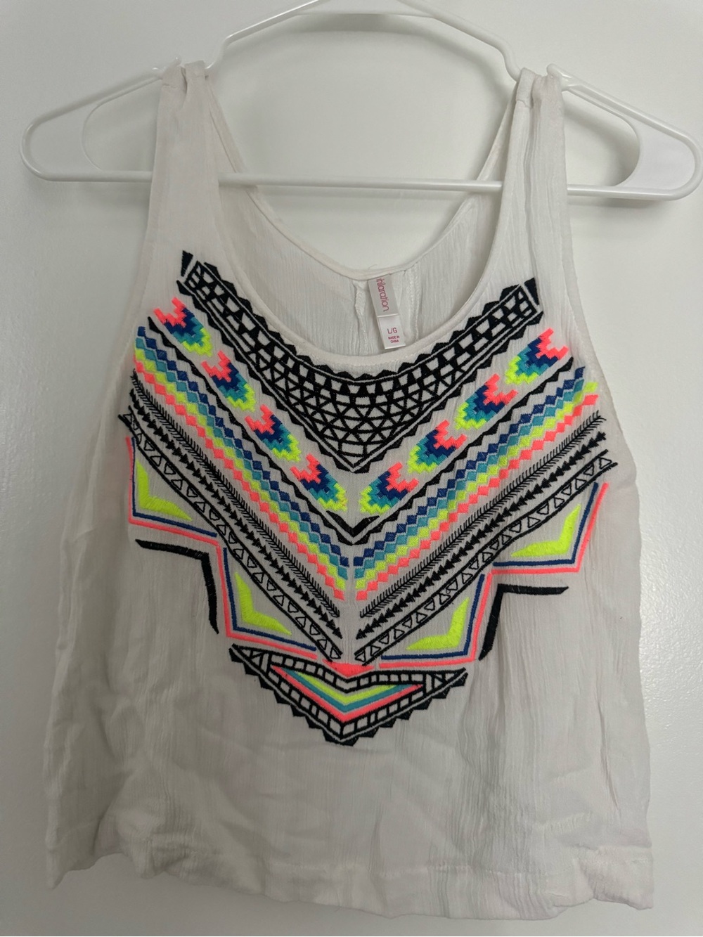 Women's White Tank with Neon Embroidered Chevron Detail